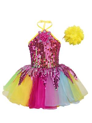 Girls Halter Neck Sequins 3D Flower Tutu Dress with Wristband for Ballet front image