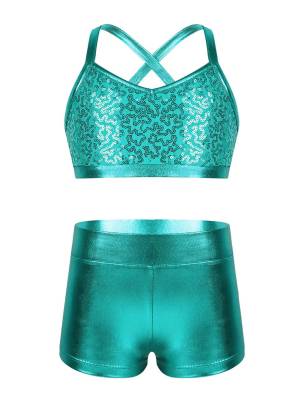 Kids Girls 2pcs Sequins Tank Top and Shorts Jazz Dance Sets front image