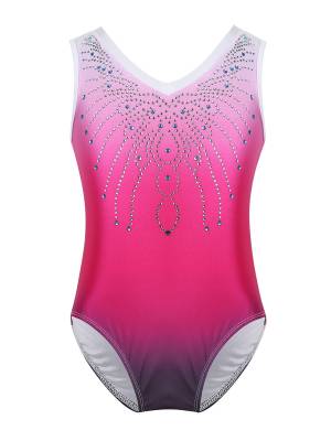 Kids Girls Colorblock Sleeveless V-Neck Rhinestone Ballet Dance Leotard front image