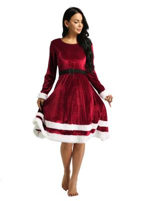 Women Christmas Velvet Scoop Neck Long Sleeves A-line Dress front image