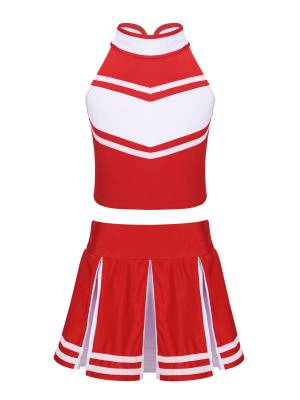 Kids Girls 2pcs Sleeveless Halter Neck Top and Pleated Skirt Cheerleading Set