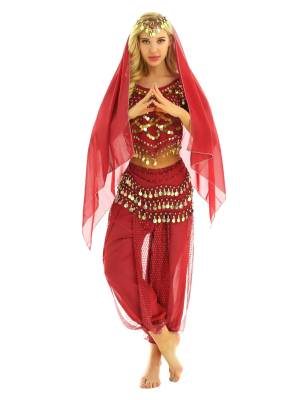 Women 4Pcs Belly Dance Puff Sleeve Sequin Crop Top with Pants Sets