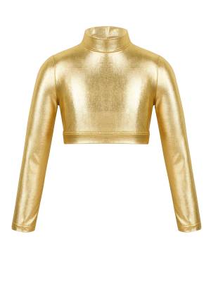 Kids Girls Long Sleeves Mock Neck Glossy Metallic Dance Crop Top