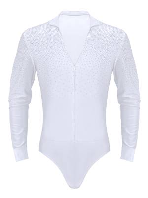 Men Shiny Rhinestones V-neck Long Sleeve Latin Dance Shirt Leotard front image