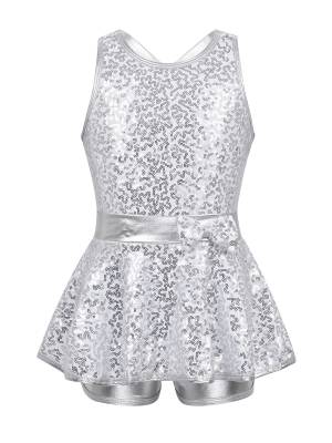 Kids Girls Backless Sequined Bowknot Jazz Tap Dance Leotard Dress