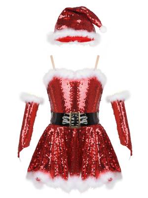 Kids Girls Christmas Straps Sequins Twirl Skating Dress with Hat and Arm Sleeves front image
