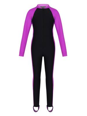 Kids Girls Long Sleeves Zipper Rash Guard One Piece Swimsuit