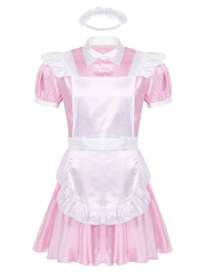 Men Puff Sleeve Dress with Apron and Headband Sissy Maid Cosplay Costumes