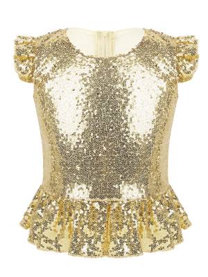 Kids Girls Mermaid Costume Sequins Flutter Sleeves Peplum Top