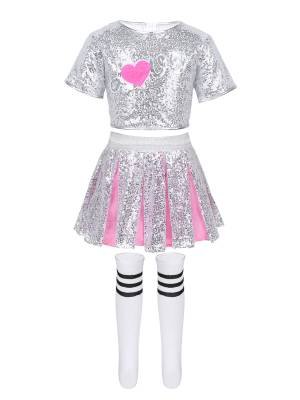 Kids Girls Sequins Short Sleeves Crop Top with Skirt Socks Dance Set