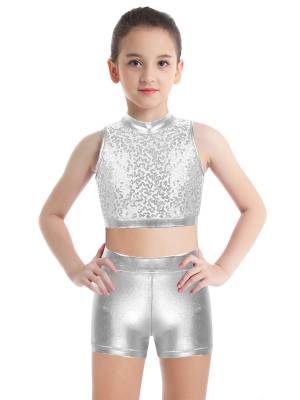 Kids Girls 2pcs Sequins Sleeveless Crop Top and Shorts Set for Jazz Dance