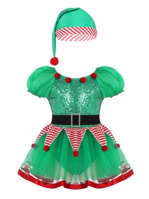 Kids Girls Christmas Short Puff Sleeves Sequin Striped Mesh Tutu Dress with Hat front image