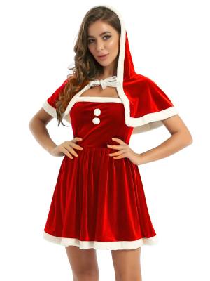 Women Sleeveless Velvet A-line Dress and Hooded Cape Christmas Reindeer Costume front image