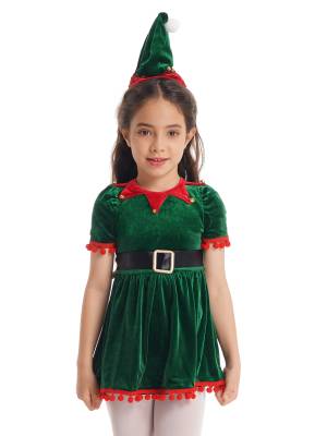 Kids Girls Christmas Short Sleeves Velvet Tassel Tutu Dress with Hat Belt front image