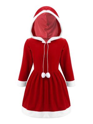 Kids Girls Christmas Santa Claus Long Sleeve Velvet Hooded A-line Dress front image