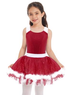 Kids Girls Christmas Sleeveless Sequins Faux Fur Adorned Ballet Tutu Dress front image