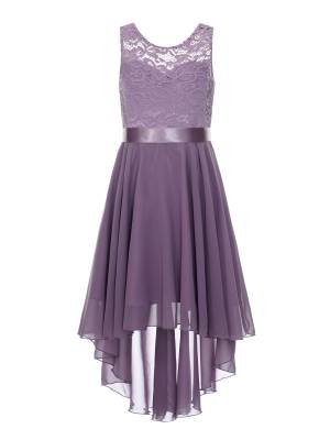 Kids Girls Sleeveless Lace Floral High-Low Chiffon Dress