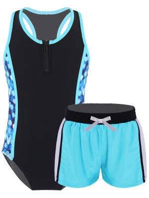 Kids Girls 2pcs Sleeveless Bodysuit and Boyshorts Swimsuit Set front image