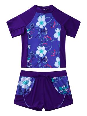 Kids Girls 2pcs Tropical Floral Print Top and Shorts Swimsuit Set