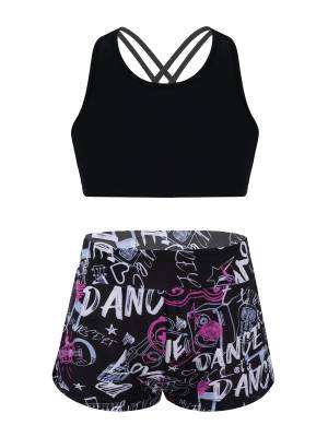Kids Girls 2pcs Scoop Neck Straps Criss Cross Crop Top and Shorts Sports Set