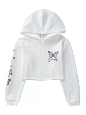 Kids Girls Long Sleeves Butterfly Print Cropped Hoodies