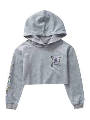Kids Girls Long Sleeves Butterfly Print Cropped Hoodies front image