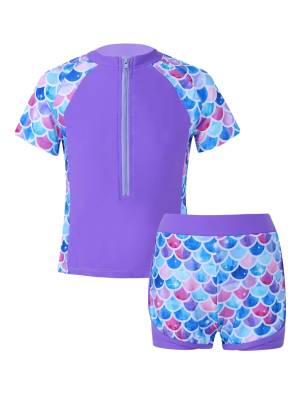 Kids Girls 2Pcs Short Sleeves Rash Guard and Shorts Swimsuit Set
