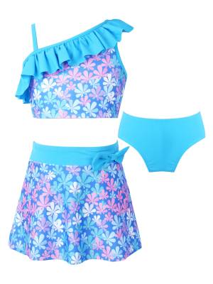 Kids Girls 3pcs One Shoulder Ruffle Top with Skirt and Briefs Swim Set