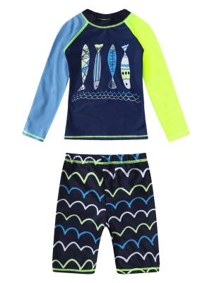 Kids Boys 2pcs Long Sleeves Cartoon Shark Print Swimming Set