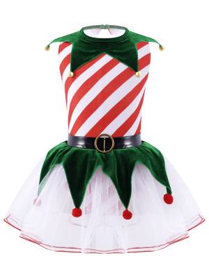 Kids Girls Christmas Sleeveless Stripes Bells Pom Pom Mesh Tutu Dress front image
