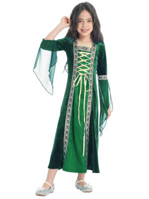 Kids Girls Long Sleeves Embroidered Vintage Renaissance Midi Dress front image