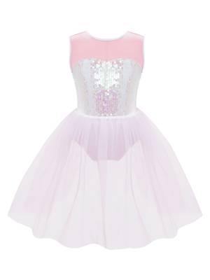 Kids Girls Sleeveless Sequins Mesh Skirt Jazz Dance Dress front image