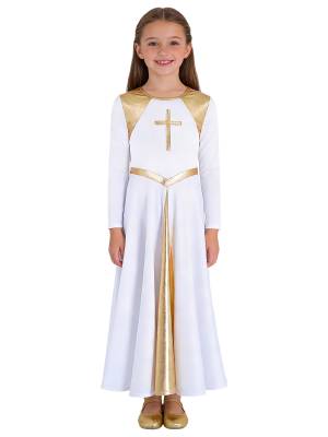 Kids Girls Long Sleeve Cross Pattern Liturgical Praise Dance Dress Choir Robe front image