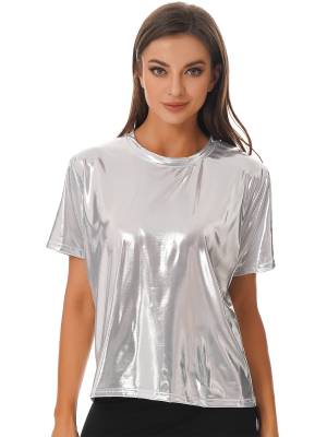 Women Metallic Short Sleeve T-shirt for Dance Party front image
