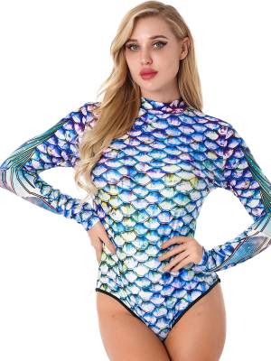 Women Long Sleeves 3D Print Mermaid Bodysuit One Piece Swimsuit front image