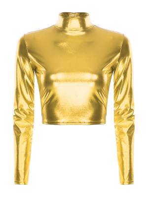 Women Metallic Long Sleeve Solid Color Slim Fit T-shirt For Jazz Dance front image