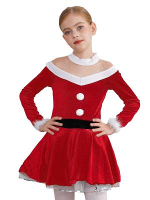 Kids Girls Christmas Long Sleeves Pompoms Adorned Velvet Dress front image