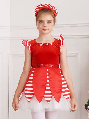 Kids Girls Christmas Cap Sleeve Sequins Stripes Velvet Tutu Dress with Hat front image