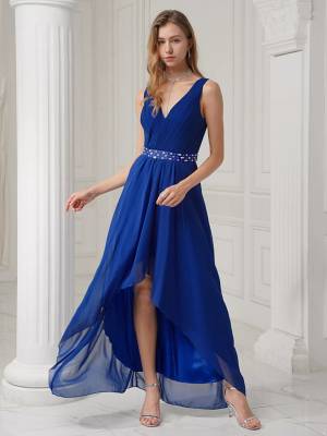 Women Solid Chiffon A-Line Hi-Lo Hem Bridesmaid Maxi Dress
