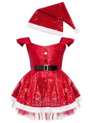 Girls Christmas Flutter Sleeve Sequins Faux Fur Trim A-line Dress with Hat front image