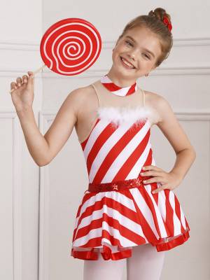 Kids Girls Christmas Sleeveless Sequins Stripes Leotard Dress front image