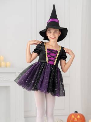 Kids Girls Short Sleeve Mesh Tutu Dress with Pointed Hat Witch Costume Set