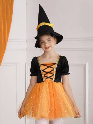 Kids Girls Short Sleeve Mesh Tutu Dress with Pointed Hat Witch Costume Set front image