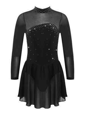 Kids Girls Mesh Long Sleeves Figure Ice Skating Leotard Dress front image