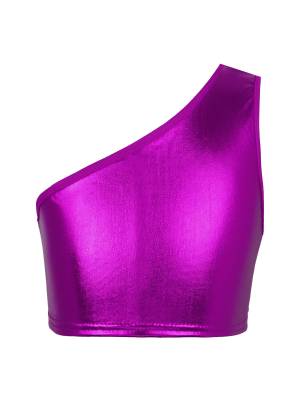 Kids Girls One Shoulder Shiny Metallic Jazz Dance Crop Top