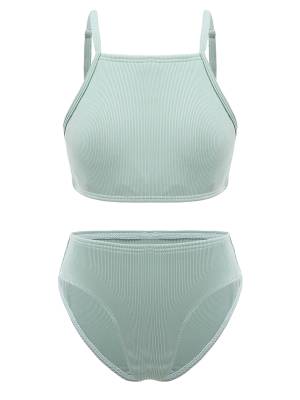 Kids Girls 2pcs Solid Removable Pads Tops and Briefs Bikini Set front image