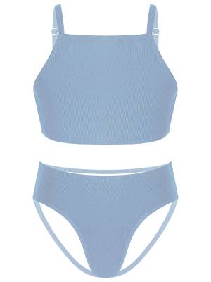 Kids Girls 2pcs Solid Removable Pads Tops and Briefs Bikini Set