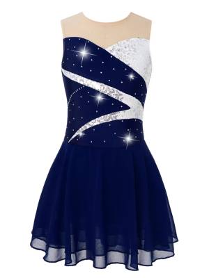 Kids Girls Sleeveless Sequined Rhinestone Skating Dance Dress