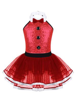 Kids Girls Sleeveless Sequins Ballet Dance Leotard Mesh Tutu Dress