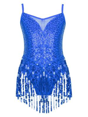 Kids Girls Sleeveless Sequin Tassel Latin Dance Leotards front image